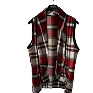 YACUN Womens XL Plaid Sleeveless Vest Open Front Brown‎ Red Fall Winter